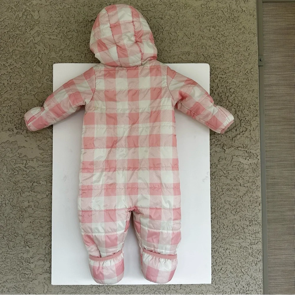 Eddie Bauer Infant Girls Pink Checkered Puffer Snowsuit 6-9M Hooded Sherpa Lined